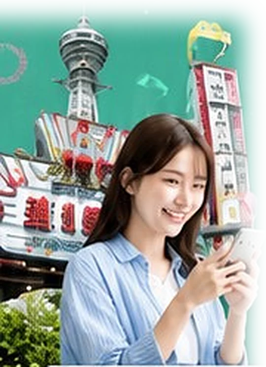 スマートフォンでお部屋を探す女性と大阪ミナミの街並み