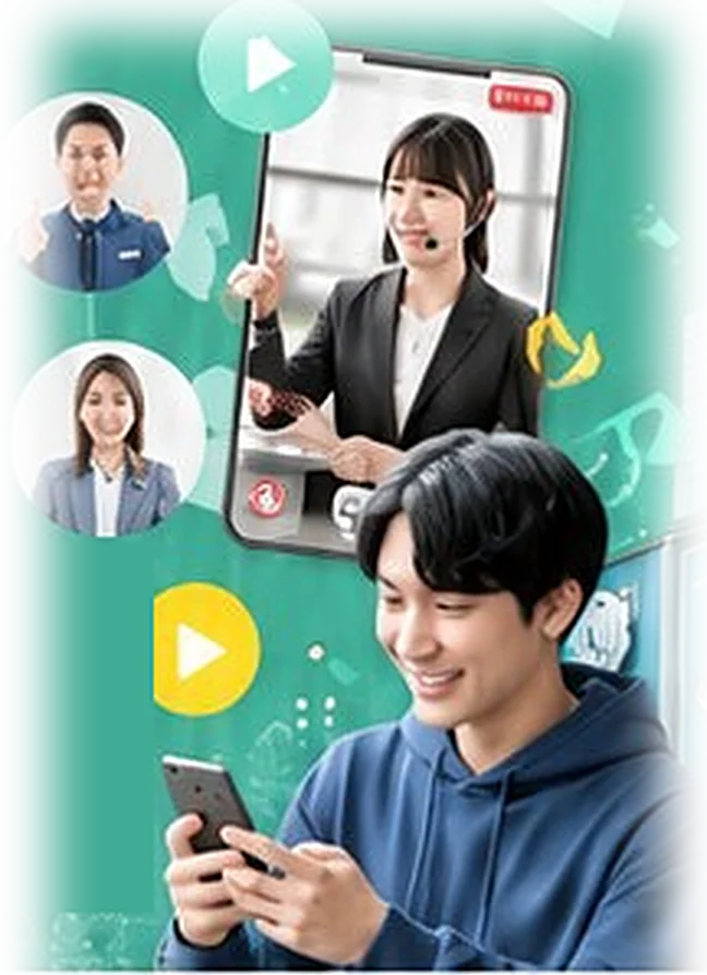 オンライン内見でスタッフと動画通話しながらスマートフォンを見る男性