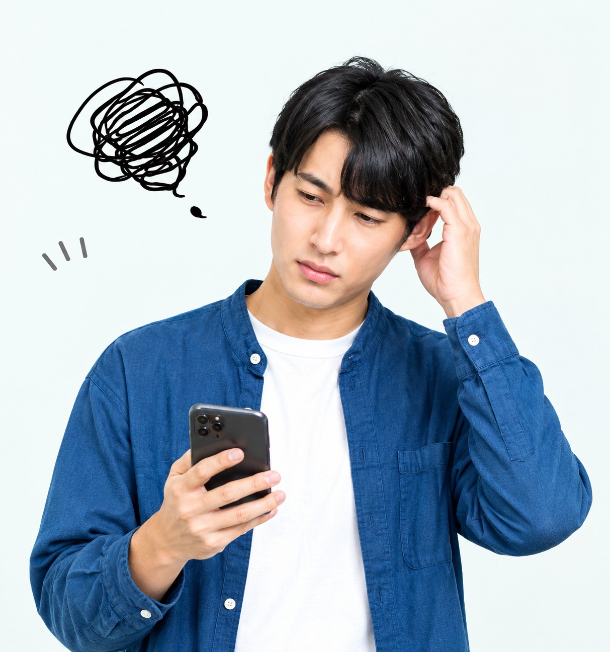 スマートフォンを持って悩む男性